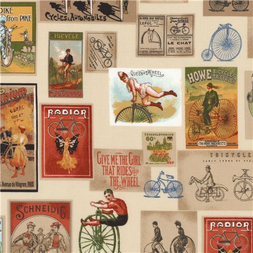 cream Robert Kaufman retro bicycle fabric Heirloom Diary Fabric by