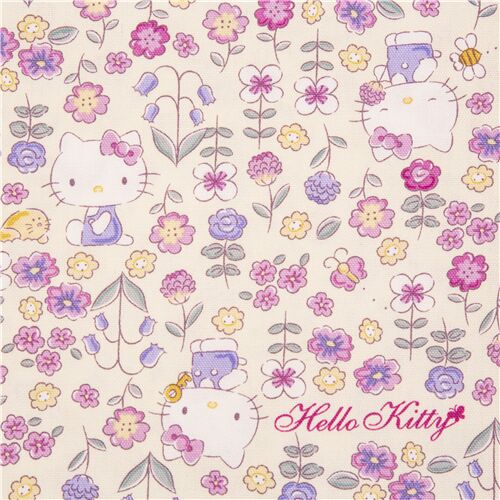 Tela oxford de Hello Kitty Sanrio en jardín de flores color crema Tela