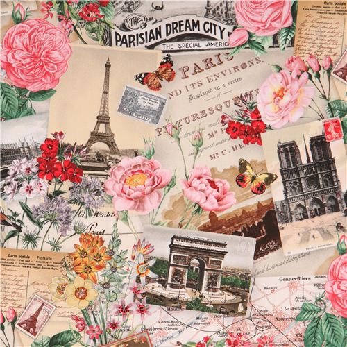 cream Spring in Paris postcard flower fabric Elizabeth's Studio Fabric ...