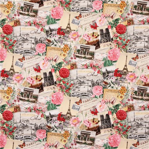 cream Spring in Paris postcard flower fabric Elizabeth's Studio 3