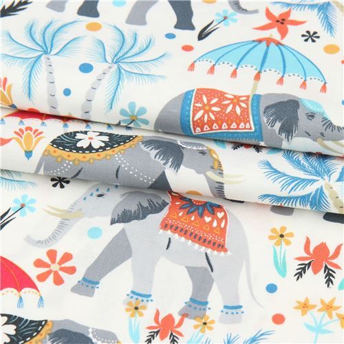 cream Timeless Treasures elephant and tropical palm tree fabric - modeS4u