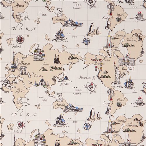 cream World Map country continent oxford fabric by Kokka modeS4u