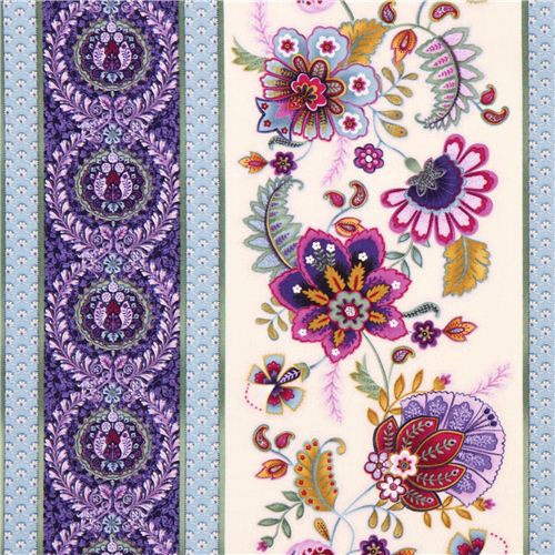 cream and purple flower orament stripe fabric by Timeless Treasures USA ...