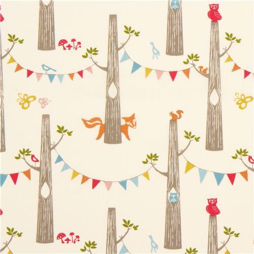 creme birch Bio-Stoff mit Fuchs Eule Baumstamm Girlande Stoff