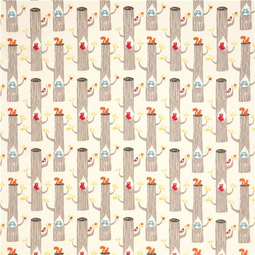 cream birch tree trunk organic fabric with owl squirrel 2