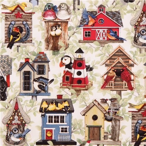 cream bird house animal fabric Elizabeth's Studio by Elizabeth's Studio