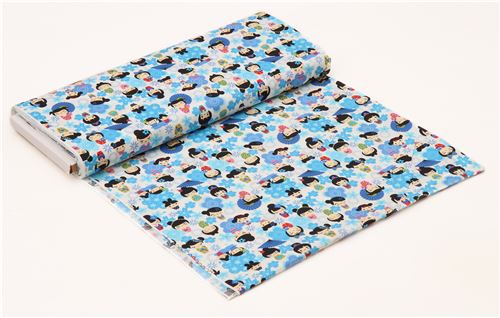 Cream Blue Flower Cute Character Flower Anime Fabric Manga Fabric 