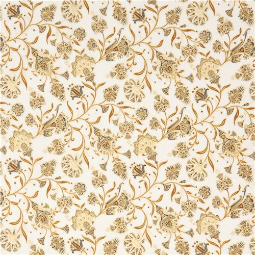cream brown grey flower gold metallic fabric Robert Kaufman Studio RK