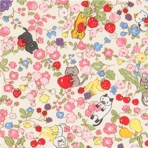 Tissu Japonais Creme Avec Des Chats Et Des Fleurs Multicolores Modes4u