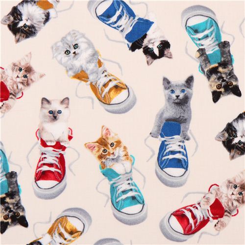 cream cat shoes animal fabric Elizabeth's Studio from the USA Fabric by Elizabeth's Studio modeS4u