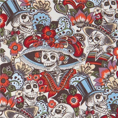 cream colored Mexican skeleton and skull fabric by Alexander Henry