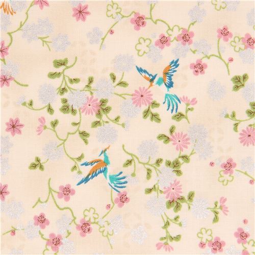 cream colorful flower bird fabric with silver metallic embellishment