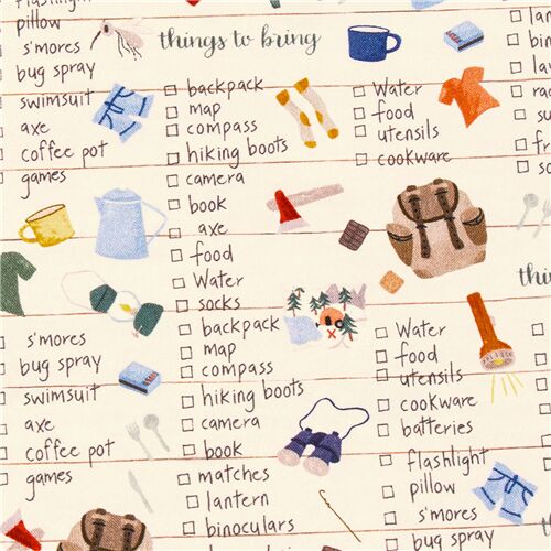 cream cotton fabric Michael Miller outdoor items hat backpack checklist Fabric