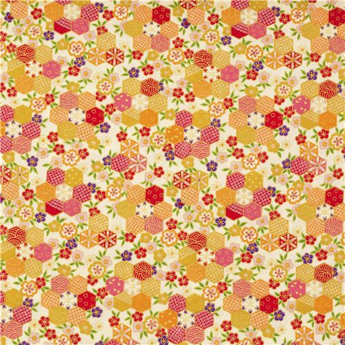 cream cotton fabric with colourful hexagon and metallic detailing from ...