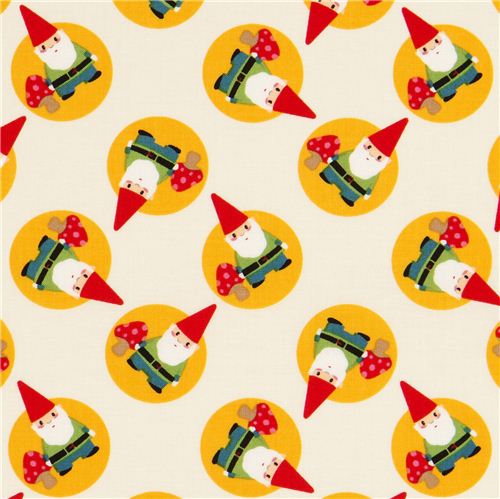 cream designer fabric with tossed gnomes and mushrooms 1
