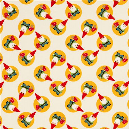 cream designer fabric with tossed gnomes and mushrooms 2