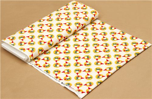 cream designer fabric with tossed gnomes and mushrooms 3
