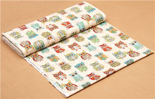 cream eagle owl fabric with colourful embellished owls 4