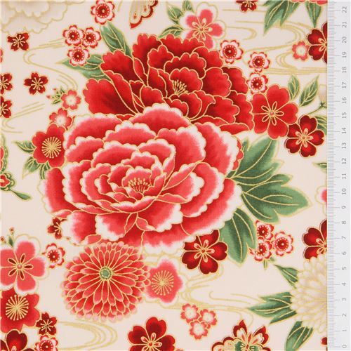 Remnant (32 x 112 cm) - cream fabric by Robert Kaufman with red peonies ...