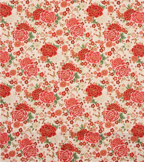 Remnant (45 x 112 cm) - cream fabric by Robert Kaufman with red peonies 3