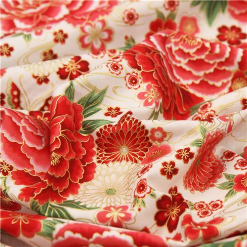 Remnant (45 x 112 cm) cream fabric by Robert Kaufman with red peonies
