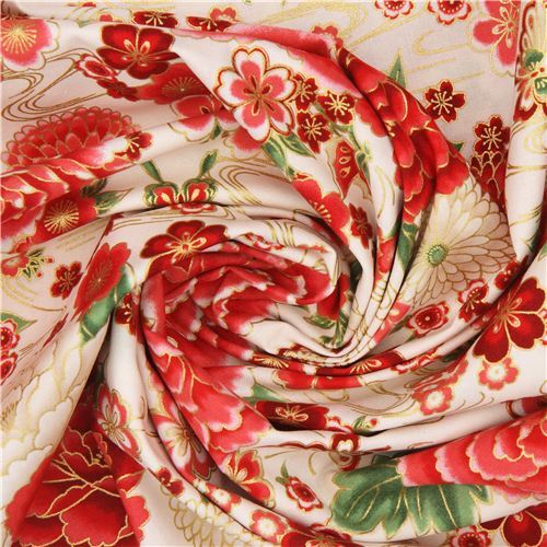 Remnant (45 x 112 cm) cream fabric by Robert Kaufman with red peonies