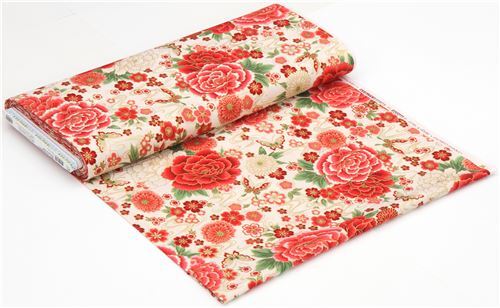 Remnant (45 x 112 cm) - cream fabric by Robert Kaufman with red peonies 6