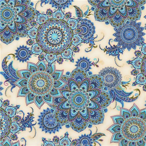 cream fabric colorful big flower gold metallic by Timeless Treasures 1