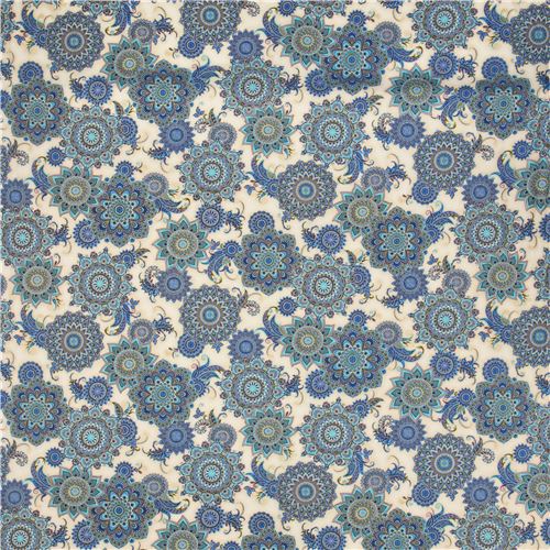 cream fabric colorful big flower gold metallic by Timeless Treasures 2