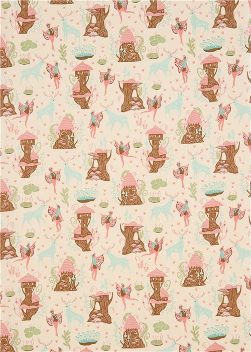 cream fabric with fairy tree house deer by Dear Stella USA - modeS4u