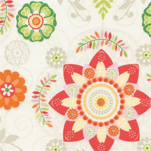 cream fabric with coral orange flower green leaf by Timeless Treasures ...