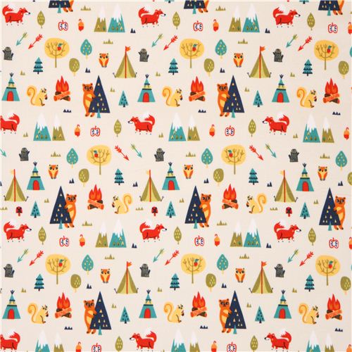cream fox bear camping flannel fabric Camelot Happy Camper 2