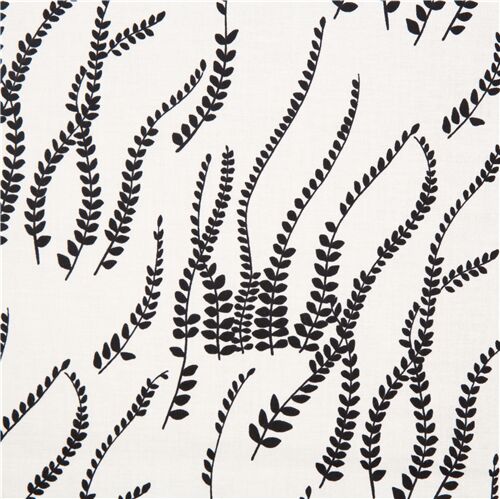 Tissu crme sur la nature avec des feuilles noires - coupon (112cm x 42cm)
