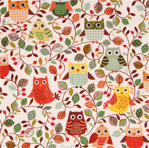 cream owl autumn forest leaf fabric by Andover USA 1