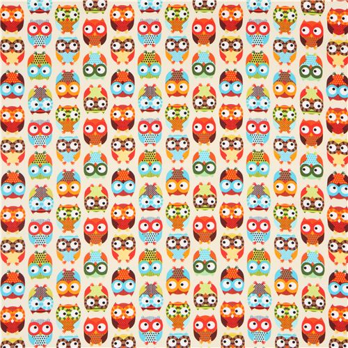 cream owl fabric Timeless Treasures colourful owls 2