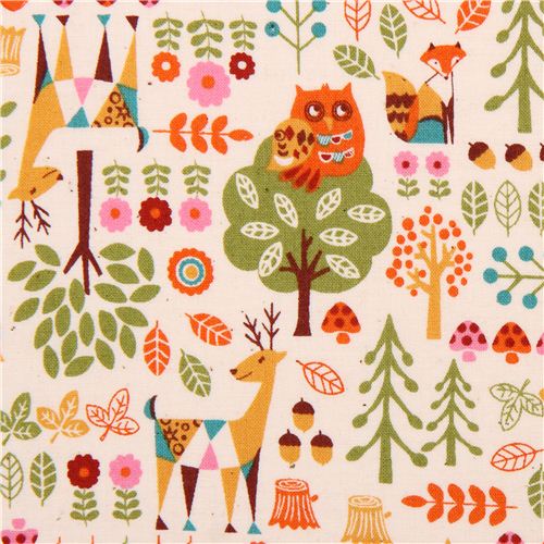 natural colored owl forest animals fabric from Japan kawaii - modeS4u