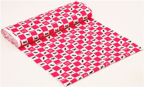 creme-pinker Katzen Tier Schachbrett Karo Oxford Stoff CocoLand aus Japan 3