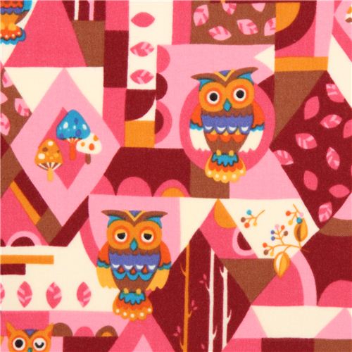cream-pink geo owl flannel fabric par Kokka from Japan 1