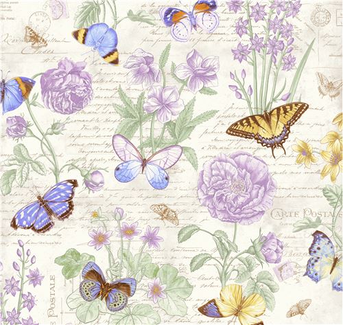 cream purple yellow butterfly flower fabric by Henry Glass  2