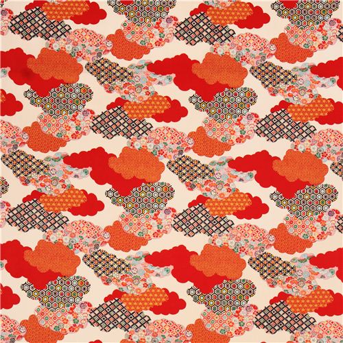 creme-roter Asia bunter Blumen Wolken KokkaStoff aus Japan 2