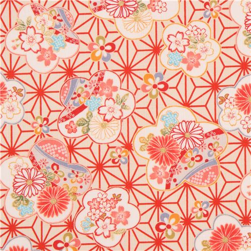 cream structured colorful cherry blossom flower leaf dobby fabric from ...