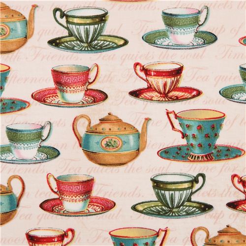 cream tea cup set fabric Tea Cups Lula Bijoux Fabric by Japanese Indie ...