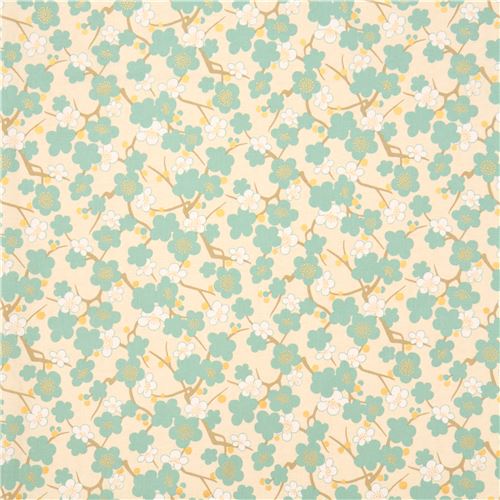 cream turquoise white Asia blossom flower fabric with gold metallic from Japan 3
