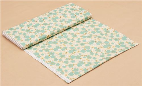 cream turquoise white Asia blossom flower fabric with gold metallic from Japan 4