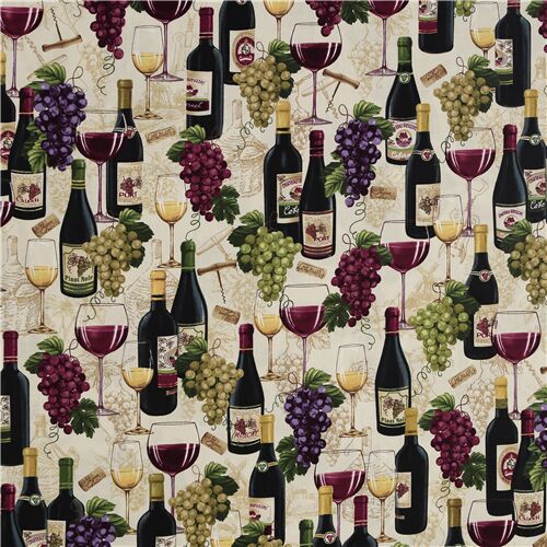 Remnant (50 x 112 cm) - cream wine bottles purple grapes cotton fabric by Timeless Treasures 2