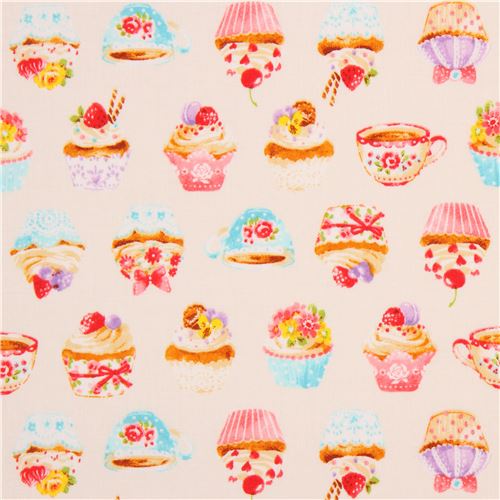 cream with cute colorful cupcake tea laminate fabric from Japan Fabric ...