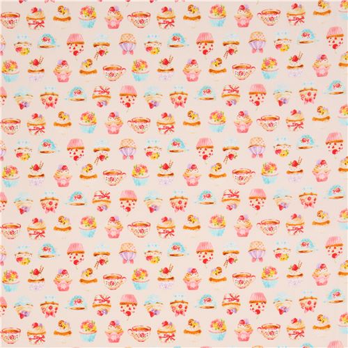 cream with cute colorful cupcake tea laminate fabric from Japan Fabric ...