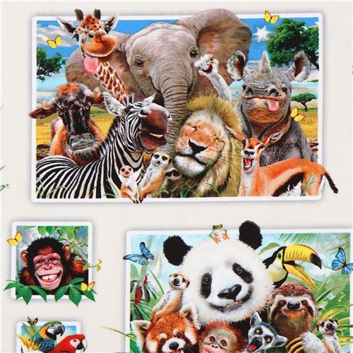 cream with funny giraffe lion elephant Zoo Selfie fabric by Elizabeth's ...