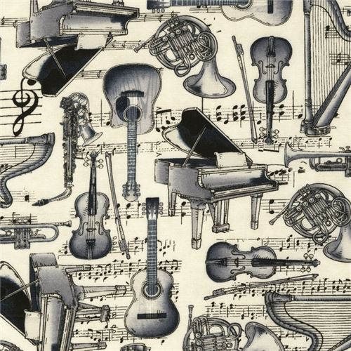 cream with grey music instrument piano harp fabric by Timeless Treasures Fabric