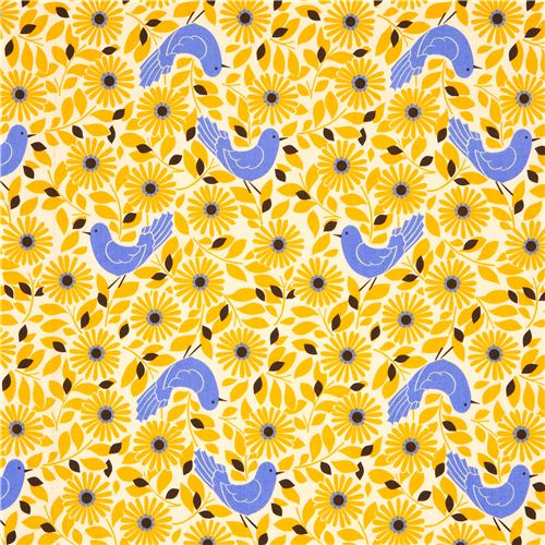 cute Kokka fabric with blue bird and yellow flowers 2